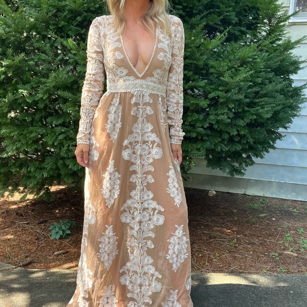 For Love And Lemons Lace Long Sleeve Dress in Cream and Tan
